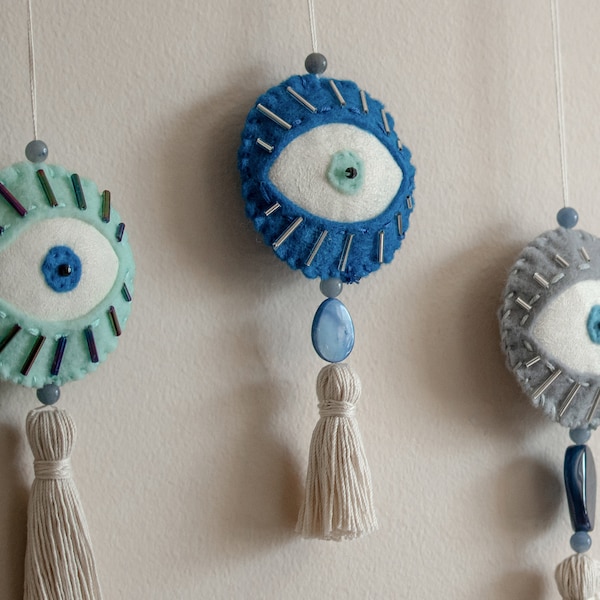 Evil Eye Door Hanging Decoration, Boho, Felt, Natural Stones, Wall Charm, Door Charm, House Decor