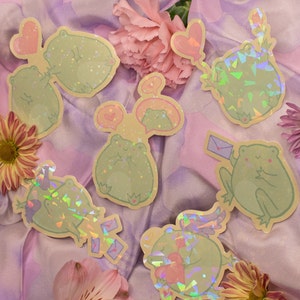 Sticker holographique grenouille kawaii, imperméable, résistant aux rayures, coeur de grenouille, amour de grenouille