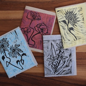 Cartões comemorativos, Estampa de flores, Linogravura, Gravura
