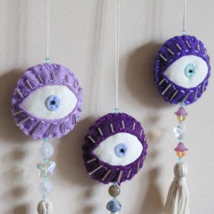 Evil Eye Door Hanging Decoration, Purple, Boho, Felt, Natural Stones, Wall Charm, Door Charm, House Decor, Rearview Mirror Decoration