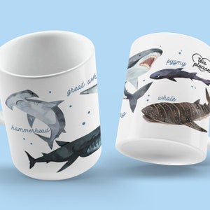 Shark Mug, Gorgeous Shark Mug, Made in UK, Watercolour Hammerhead, Great White etc, Gifts for her or him, Shark Week, Birthday ocean gift