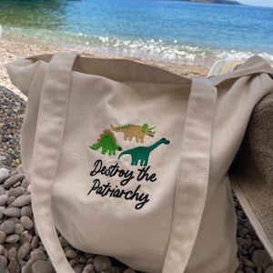 Dinosaur Feminist embroidered tote bag, dinosaur feminist bag, embroidered tote bag