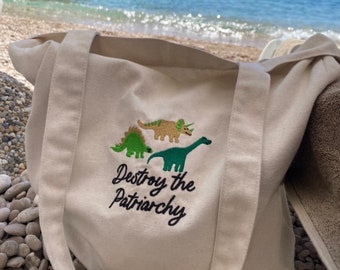 Dinosaur Feminist embroidered tote bag, dinosaur feminist bag, embroidered tote bag