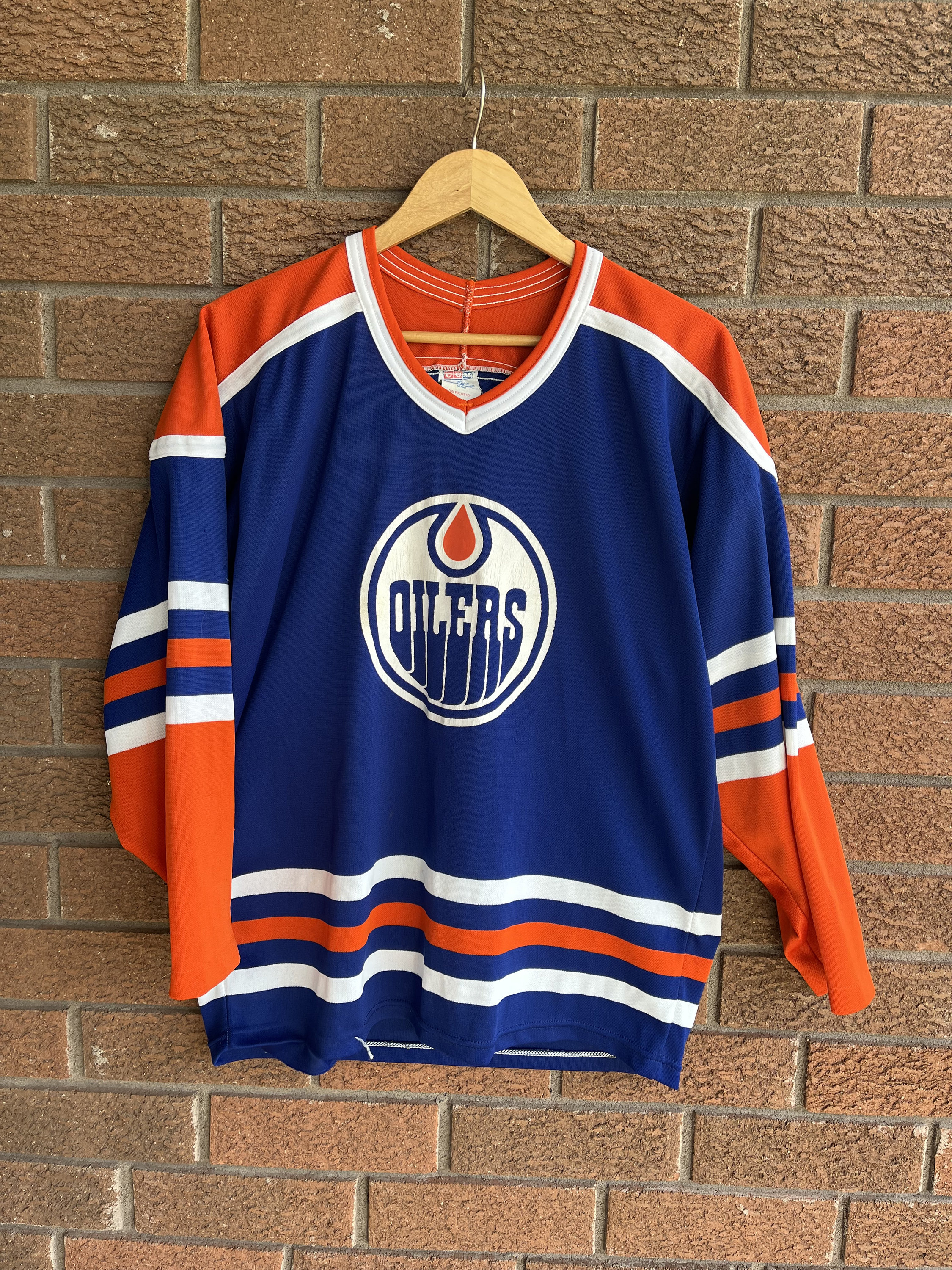 Edmonton Oilers Vintage Ccm Hockey Jersey Navy Blue and Orange Shirt