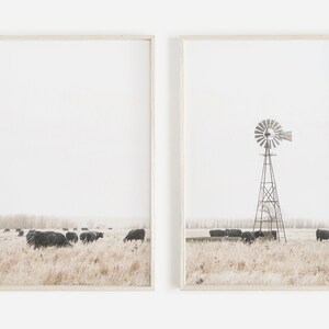 Impressão de moinho de vento de fazenda moderna, conjunto de 2 impressões de arte de parede, impressão de fazenda, decoração de moinho de vento, arte de parede de fazenda moderna, impressão de arte de vaca preta