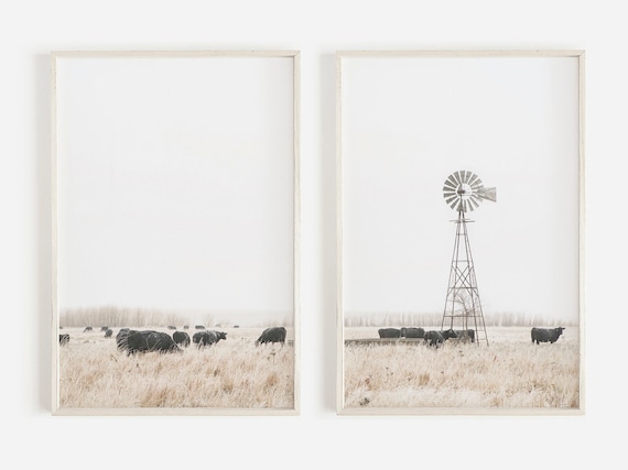 Modern Farmhouse Windmill Print, Set of 2 Wall Art Prints, Farmhouse Printable, Windmill Decor,Modern Farmhouse Wall Art,Black Cow Art Print