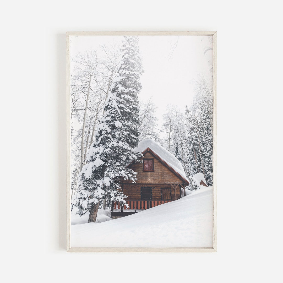 Cabin in the Woods Rustic Cabin Wall Art Snowy Winter Scene Snowing ...