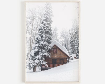 Könnte beinhalten: Eine Holzhütte mit einem schneebedeckten Dach liegt eingebettet in einem schneebedeckten Wald. Die Hütte hat eine rote Tür und eine Veranda mit einem Geländer. Die Bäume sind mit Schnee bedeckt und der Boden ist mit einer dicken Schneedecke bedeckt.