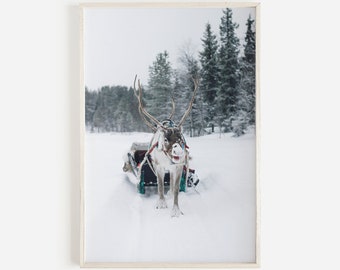 Reindeer Print Winter Decor Santas Sleigh Instant Download Snowy Scene Deer Wall Art Nursery Winter Christmas Wall Decor Downloadable Art