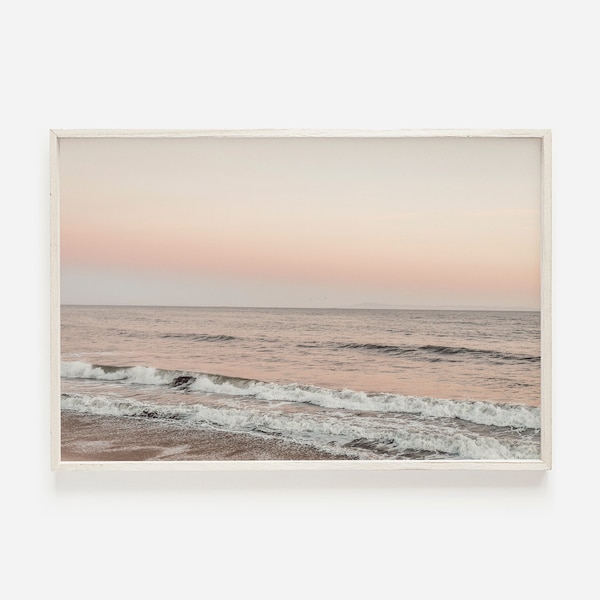 Modern Pink Sunset Print, Bohemian Coastal Art, Orange, Pale Pink, Miami Florida Tropical Print, California Ocean Waves Printable