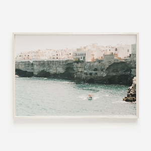 Coastal Town Print, Greece Landscape, Greece Printable Art, Coastal Greek Village, Travel Poster, Pastel Wall Art, Downloadable Print