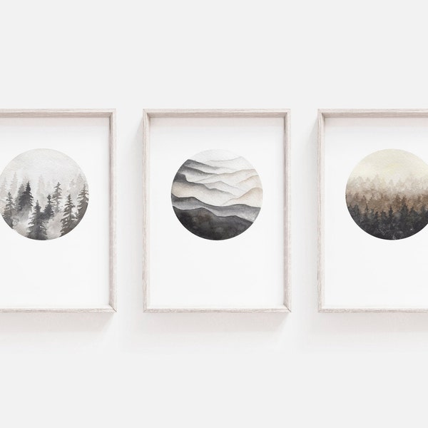 Set of 3 Circle Prints Forest Wall Art Set of 3 Prints Mountain Wall Art Scandinavian Print Watercolor Nature Forest Circle Print Wall Art