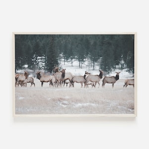 Elanden herten print winter muur kunst kerst decor boerderij print Nordic kerst instant download sneeuw bedekte scène afdrukbare Wall Art Print