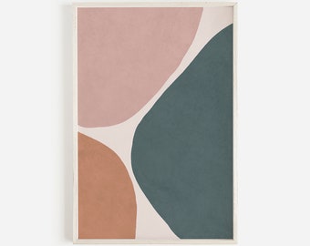 May include: Abstract art print featuring three overlapping shapes in pink, teal, and orange. The shapes are organic and free-flowing, creating a modern and minimalist design.
