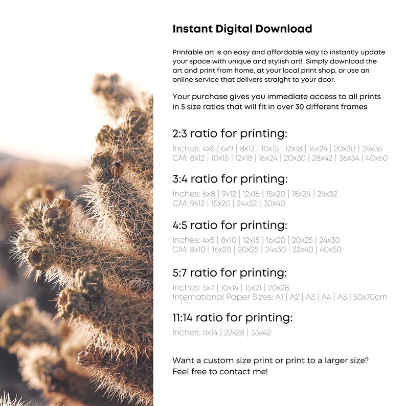 May include: Printable art download guide with different size ratios for printing. The guide includes inches and centimeters measurements for each ratio. The text reads "Instant Digital Download" and "Want a custom size print or print to a larger size? Feel free to contact me!"