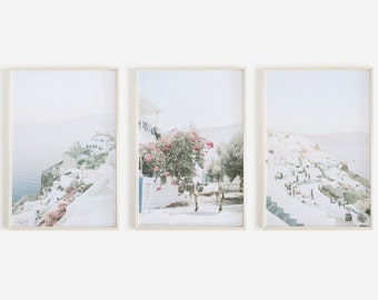 Greece Print Set of 3, Santorini Wall Art, Set of 3 Travel Prints, Greek Island Print, Pastel Wall Art, Blue Art Set, Greece Art Print Set