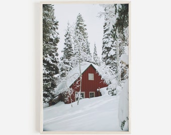 Red Cabin in Woods Rustic Christmas Decor Snowy Winter Scene Log Cabin Print Modern Christmas Wall Decor Winter Printable Art Nordic Prints