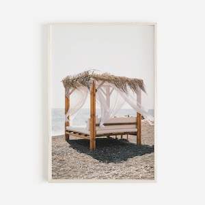 Cabaña en la playa de Grecia, ambiente de vacaciones, vacaciones en la playa de Grecia, arte digital de playa, impresión de vacaciones europeas, impresión de verano en Grecia, arte mural de viajes