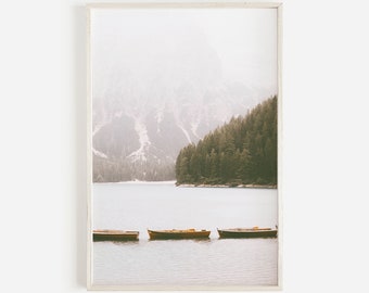 Canoes on Mountain Lake Print, Rustic Wall Art, Blue Lake Print, Nature Prints, Landscape Print, Forest Print, Woodland Wall Art, Boho Decor