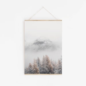 May include: A framed photograph of a snowy mountain scene with a group of trees in the foreground. The mountain is covered in snow and the trees are covered in a light dusting of snow. The sky is a light gray color and there is a thick fog in the air.