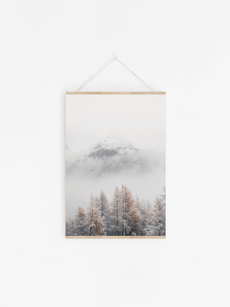 May include: A framed photograph of a snowy mountain scene with a group of trees in the foreground. The mountain is covered in snow and the trees are covered in a light dusting of snow. The sky is a light gray color and there is a thick fog in the air.