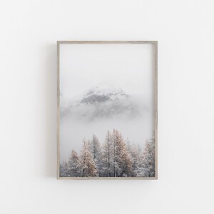 May include: A framed photograph of a snowy mountain peak with a forest of trees in the foreground. The trees are covered in snow and fog, creating a misty and ethereal atmosphere.