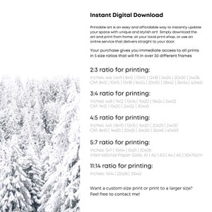 May include: Printable art size guide with different aspect ratios for printing. The guide includes inches and centimetres measurements for each ratio. The text says "Instant Digital Download" and "Want a custom size print or print to a larger size? Feel free to contact me!"