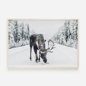 Moose In Snow Print, Christmas Decor, Farmhouse Print, Winter Wall Art Prints, Rustic Christmas Printable Art, Large Poster Instant Download