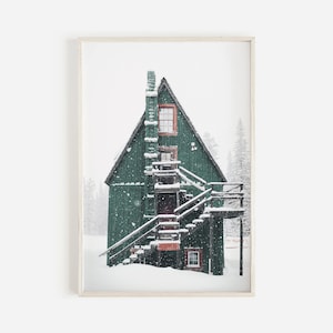 Green Cabin in Woods, Rustic Christmas Decor, Snowy Winter Scene, Log Cabin Print, Modern Christmas Wall Decor, Winter Printable Art, Nordic