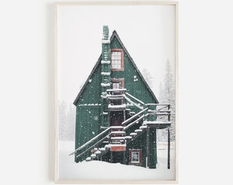Green Cabin in Woods, Rustic Christmas Decor, Snowy Winter Scene, Log Cabin Print, Modern Christmas Wall Decor, Winter Printable Art, Nordic
