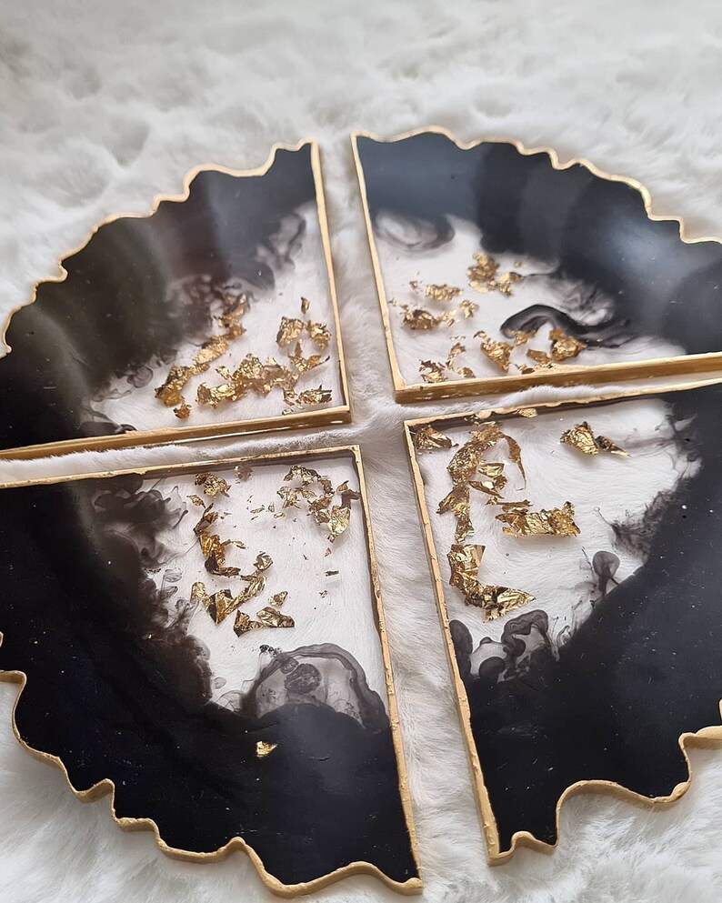 Set of 2 or 4 / Resin Coasters / Black & Gold Etsy
