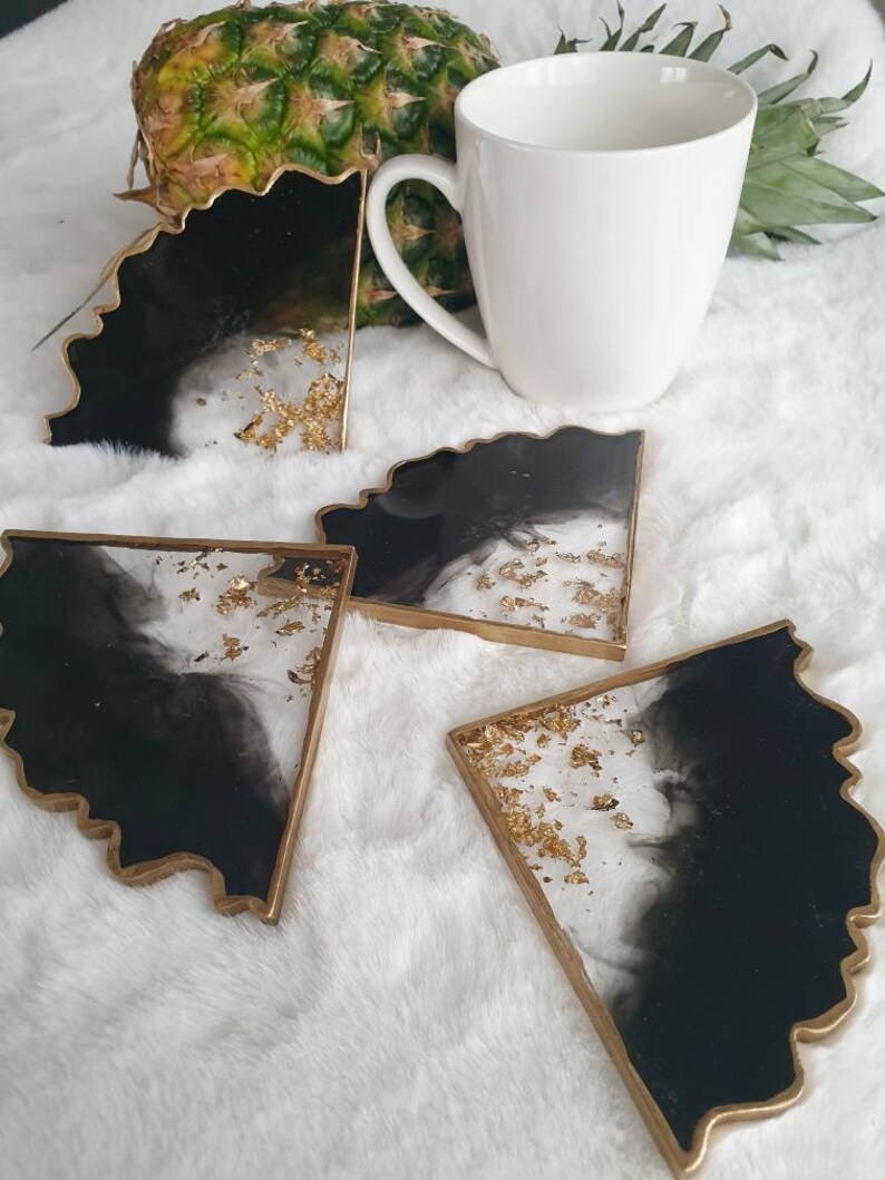 Set of 2 or 4 / Resin Coasters / Black & Gold Etsy