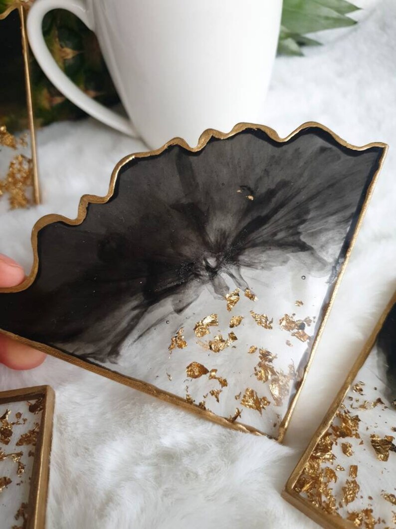Set of 2 or 4 / Resin Coasters / Black & Gold Etsy