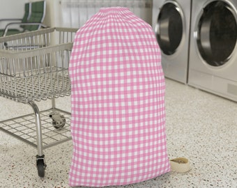 Stylish Gingham Laundry Bag with Woven Shoulder Strap | Laundry Tote with Drawstring Closure