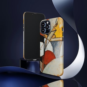 May include: A phone case with a colorful abstract painting design. The case features a red, yellow, and blue color scheme with geometric shapes. The case is designed to fit a smartphone with a camera bump.