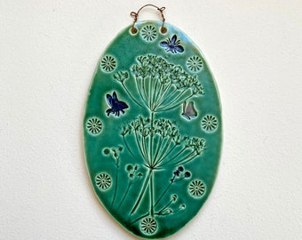 Bees & Butterfly Botanical Ceramic Tile Wall Art, Oval Flower Art Tile, Jade Green, 4.75"W, 8"H, Bronze Twisted Wire Hanger, Handmade Gift