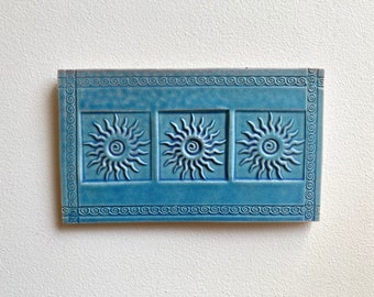 Triple Spiral Sun Ceramic Tile Wall Art, Southwest Design Art Tile, Spiral Border, Turquoise, Handmade Gift, 7.5"W, 4.5"H, Easy to Hang