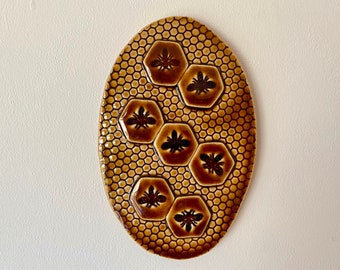 Bees & Honeycomb Art Tile, Golden Honey Amber Color, Oval Ceramic Tile Wall Art, Pollinator Art, 4.5"W, 7.25" High, Handmade, Ready to Hang