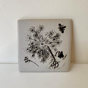Botanical Art Tile w/Bee/Butterfly/Queen Anne's Lace/Ceramic 4.5" x 4.5" Black w/White/Cream/Handmade/Ready to Hang
