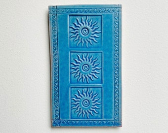 Triple Spiral Sun Ceramic Tile Wall Art, Southwestern Design Art Tile, Spiral Border, Turquoise, Unique Handmade Gift, 4.5"W, 7.5"H