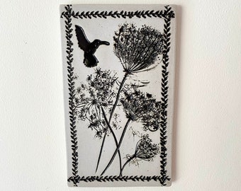 Hummingbird & Flowers Art Tile, Botanical Ceramic Tile Wall Art, Black and White, 4.5" W, 7.5" H, Garden Inspired, Handmade  Gift