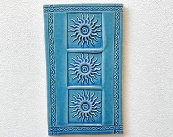 Triple Spiral Sun Ceramic Tile Wall Art, Southwest Design Art Tile, Zig Zag Border, Turquoise, Handmade Gift, 4.5"W, 7.5"H, Easy to Hang