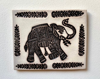 Elephant Art Tile, Feng Shui Elephant, Ceramic Tile Wall Art, Symbolic Elephant, India Style, Black & White, 7"W, 5.75"H, Handmade Gift