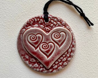Red Ceramic Heart, Unique & One of a Kind, Wall Ornament, Round Art Tile, Handmade Gift, 3.25"W x 3.25"H, Free Priority Shipping