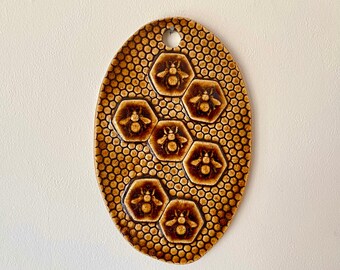 Bees & Honeycomb Art Tile, Golden Honey Amber Color, Oval Ceramic Tile Wall Art, Pollinator Art, 4.75"W, 7.5" High, Handmade, Ready to Hang