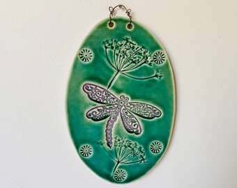 Oval Dragonfly Art Tile, Botanical Ceramic Tile Wall Art, Jade Green & Amethyst, 4.5"W, 7.5"H, Bronze Twisted Wire Hanger, Handmade Gift