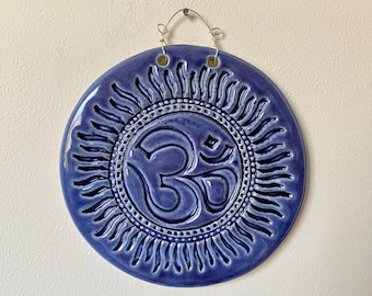Om Symbol Art Tile, Namaste Symbol, Yoga Studio Wall Art, Purple, Round, 5.5" H, 5.5"W, Tarnish Resistant Twisted Wire Hanger, Yoga Gift