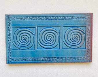 Triple Spiral Ceramic Tile Wall Art, Spiral Symbol Art Tile, Turquoise, Southwest Design, 7.5" W, 4.5" H, Ready to Hang, Handmade Gift