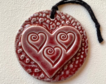 Red Ceramic Heart, Unique & One of a Kind, Wall Ornament, Round Art Tile, Girlfriend Gift, Handmade, 3.25"W x 3.25"H, Free Priority Shipping