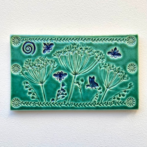 Bees & Flowers Art Tile, Botanical Ceramic Tile Wall Art, Jade Green, Nature Inspired, Unique Handmade Gift, 7.75"W, 4.5"H, Ready to Hang